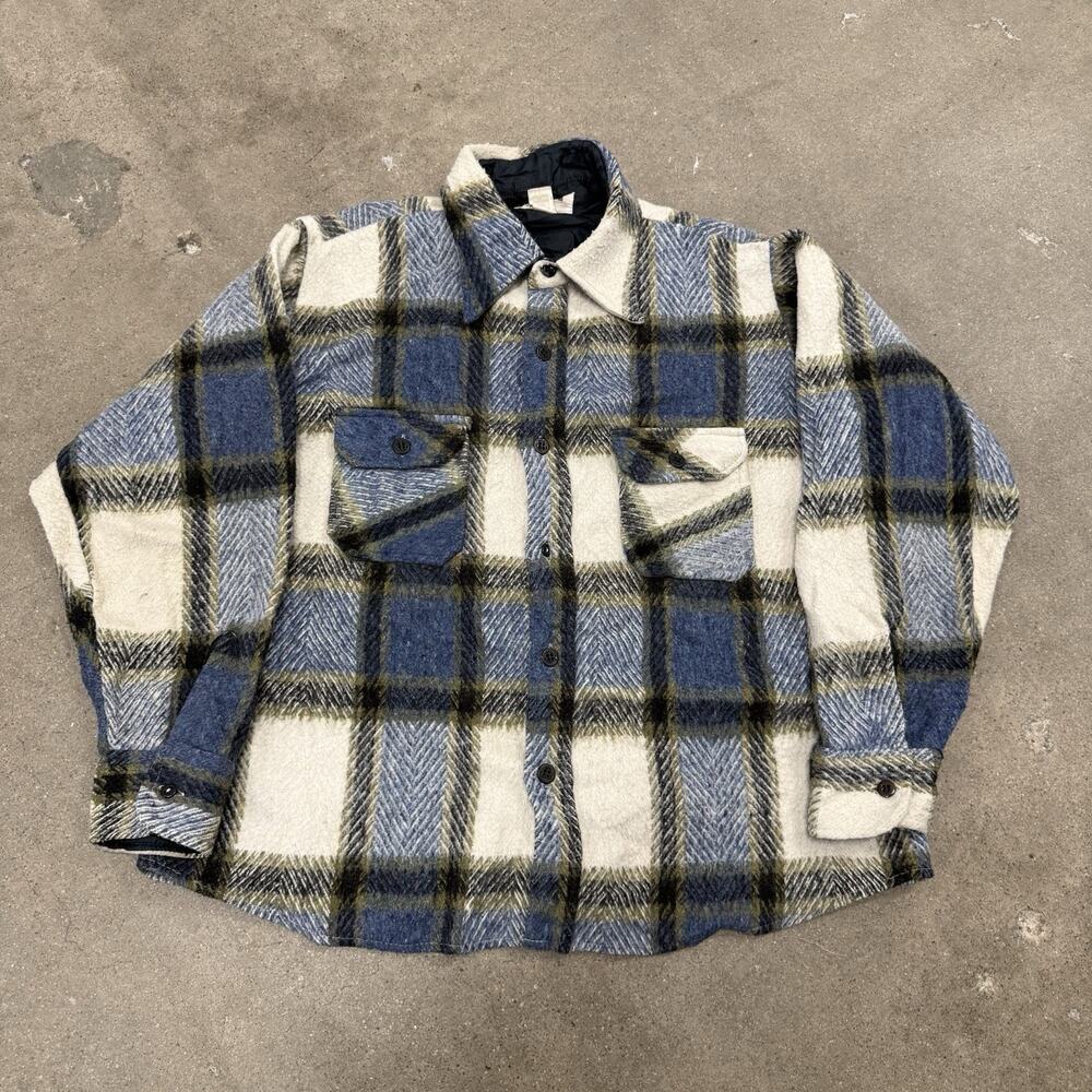 Vintage 70s Montgomery Ward Wool Blend Blue Plaid Button Flannel Large Blue Men